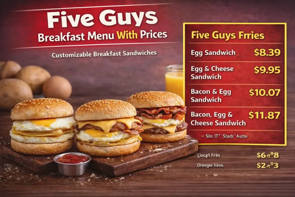 Five Guys Breakfast Menu Updated 2026 1 Five Guys breakfast menu with egg sandwich, bacon egg sandwich, and egg & cheese sandwich