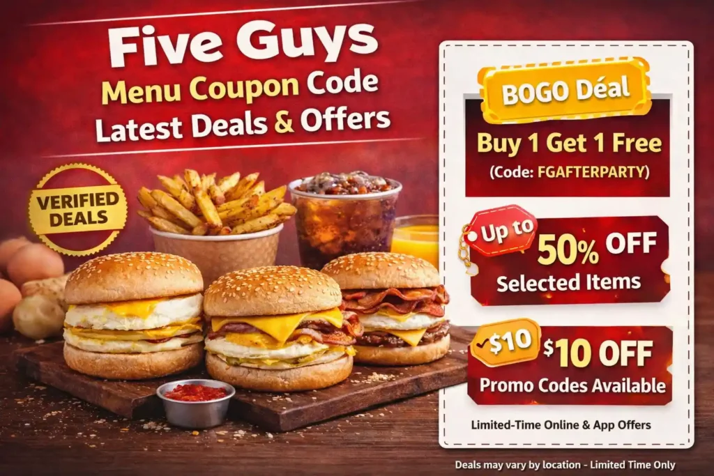 Five Guys Menu Coupon Code 2026 | Latest Deals & Offers 1 Five Guys menu coupon code latest deals and offers with burgers fries and drink combo