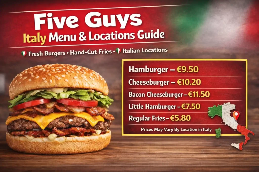 Complete Five Guys Menu Italy and Locations Guide 2026 3 Five Guys Italy menu with prices showing hamburger, cheeseburger, bacon burger and fries with Italy locations guide