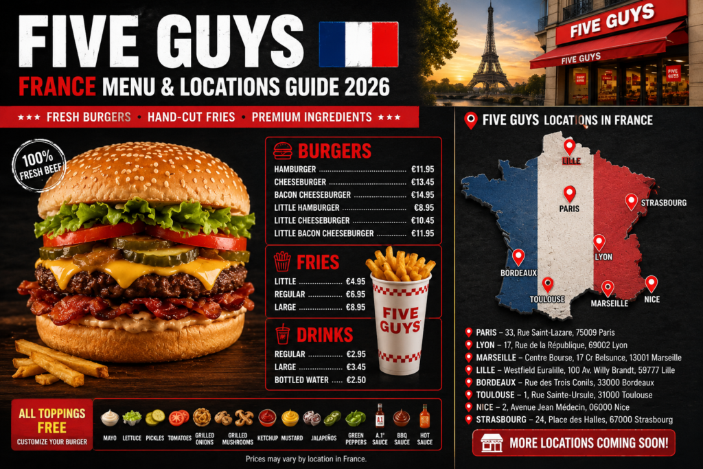 Complete Five Guys Menu France and Locations Guide 2026 1 Five Guys France menu and locations guide featuring burgers, fries, drinks, French map locations, and restaurant branding.